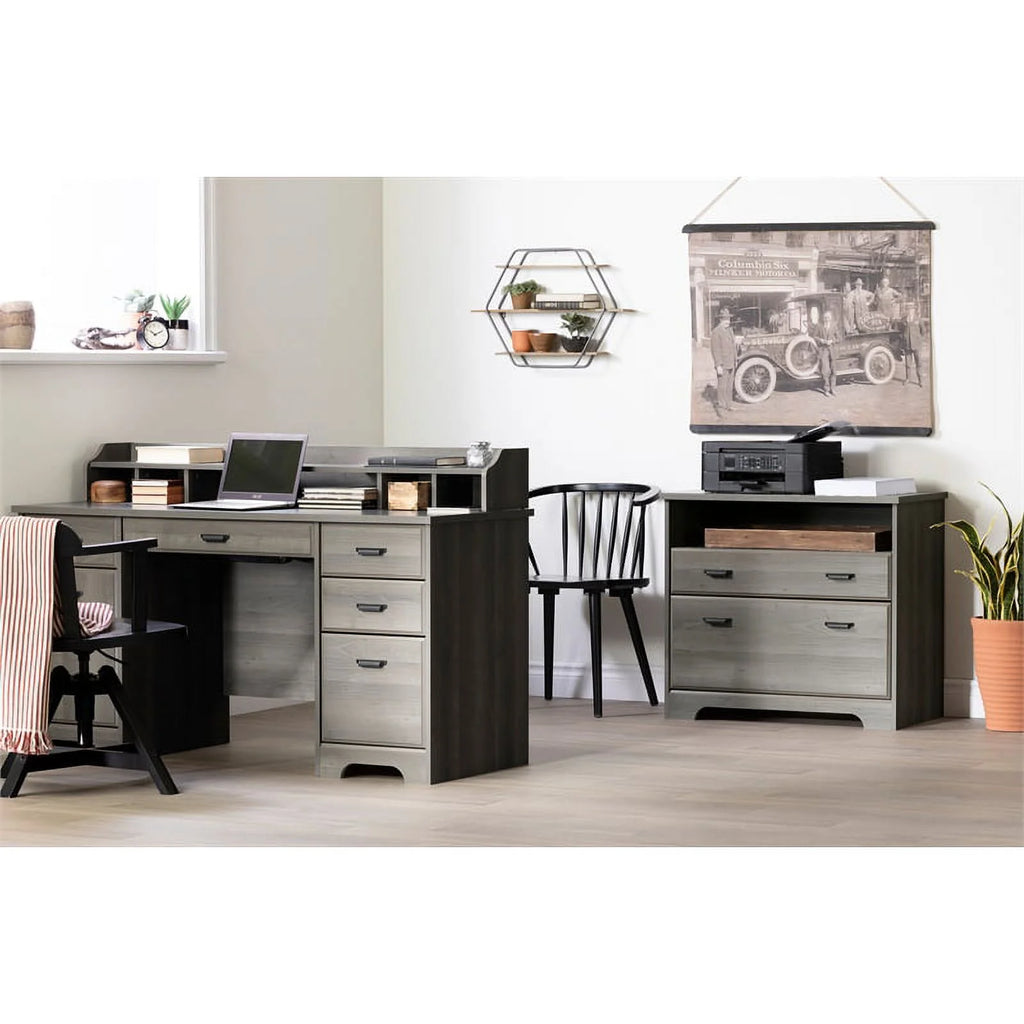 South Shore Versa Desk with Hutch and File Cabinet, Gray Maple Y3468