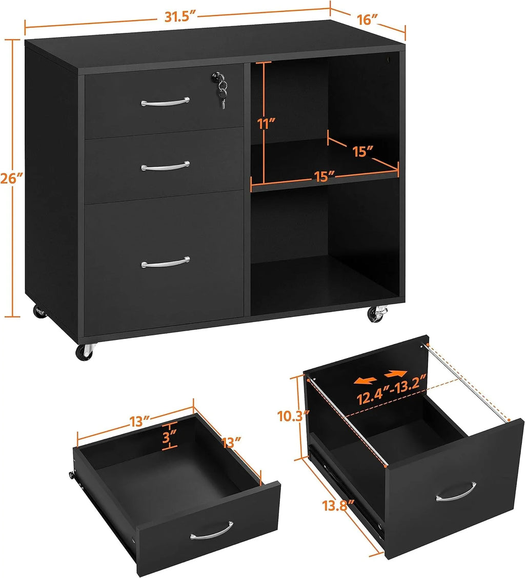 Black File Cabinet with Lock, 3 Drawer Lateral for Home Office O4008