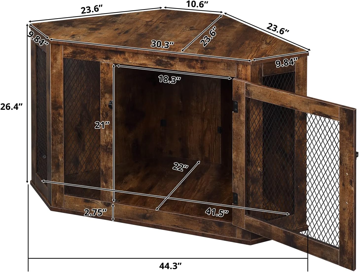Furniture Corner Dog Crate with Lockable Doors, Wood and Mesh, Rustic Brown S7097