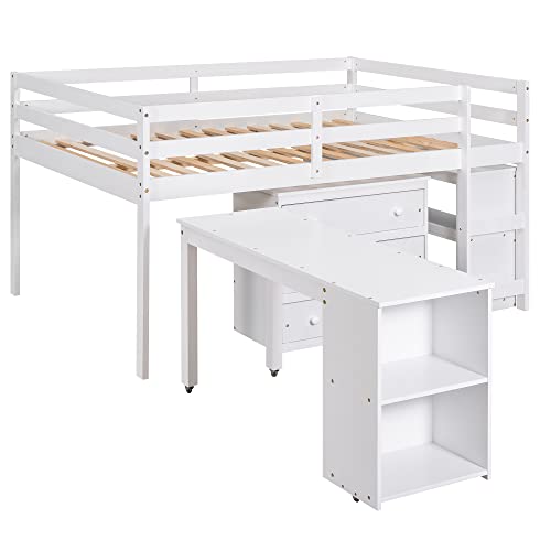Low Study Loft Bed with Desk and Bookshelf, Pinewood Frame, White R677