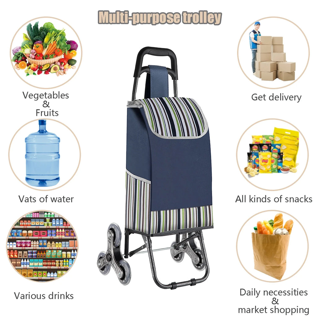 Folding Shopping Cart with Wheels, Stair-Climbing Utility Trolley Blue k7