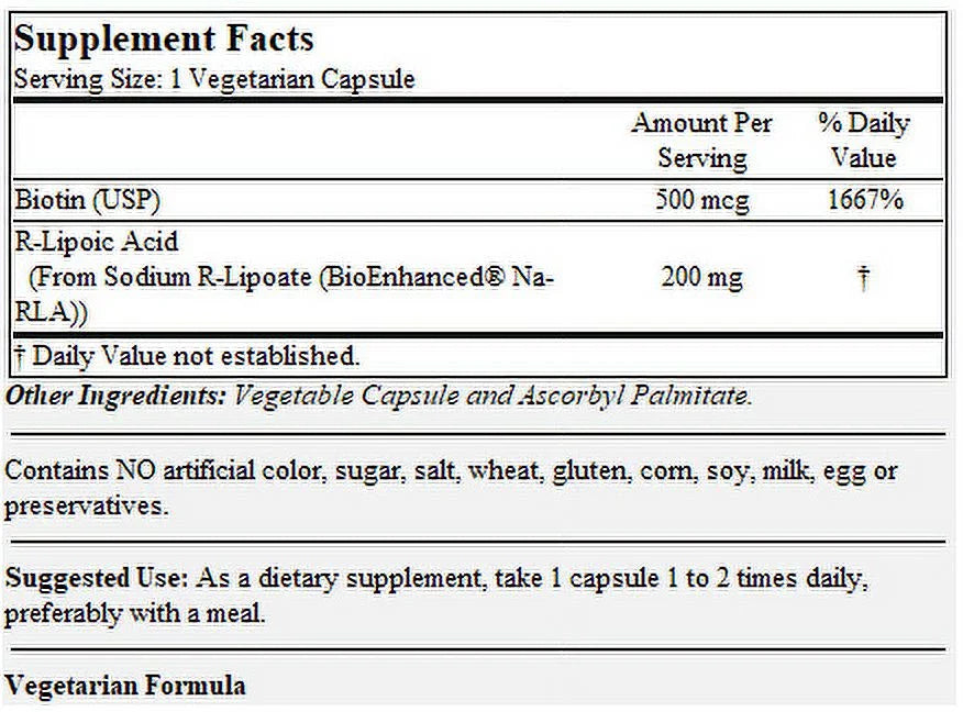 R-Lipoic Acid 200mg Stabilized with Bio-Enhanced® Na-RLA with Biotin, 60 Capsules D5734