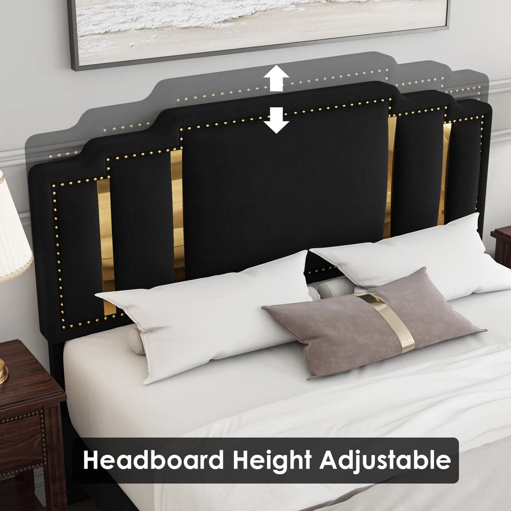 Queen Velvet Upholstered Platform Bed with Adjustable Headboard Black k7m
