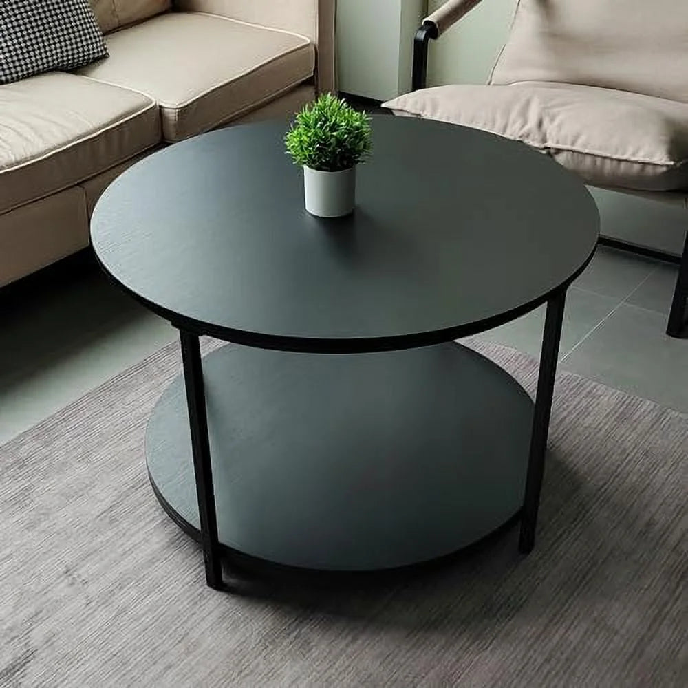 Mid Century Modern Round Coffee Table with Open Shelf, Rustic Wood and Metal Legs N5551
