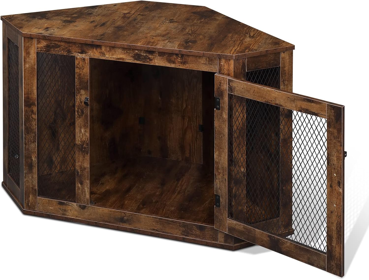 Furniture Corner Dog Crate with Lockable Doors, Wood and Mesh, Rustic Brown S7097