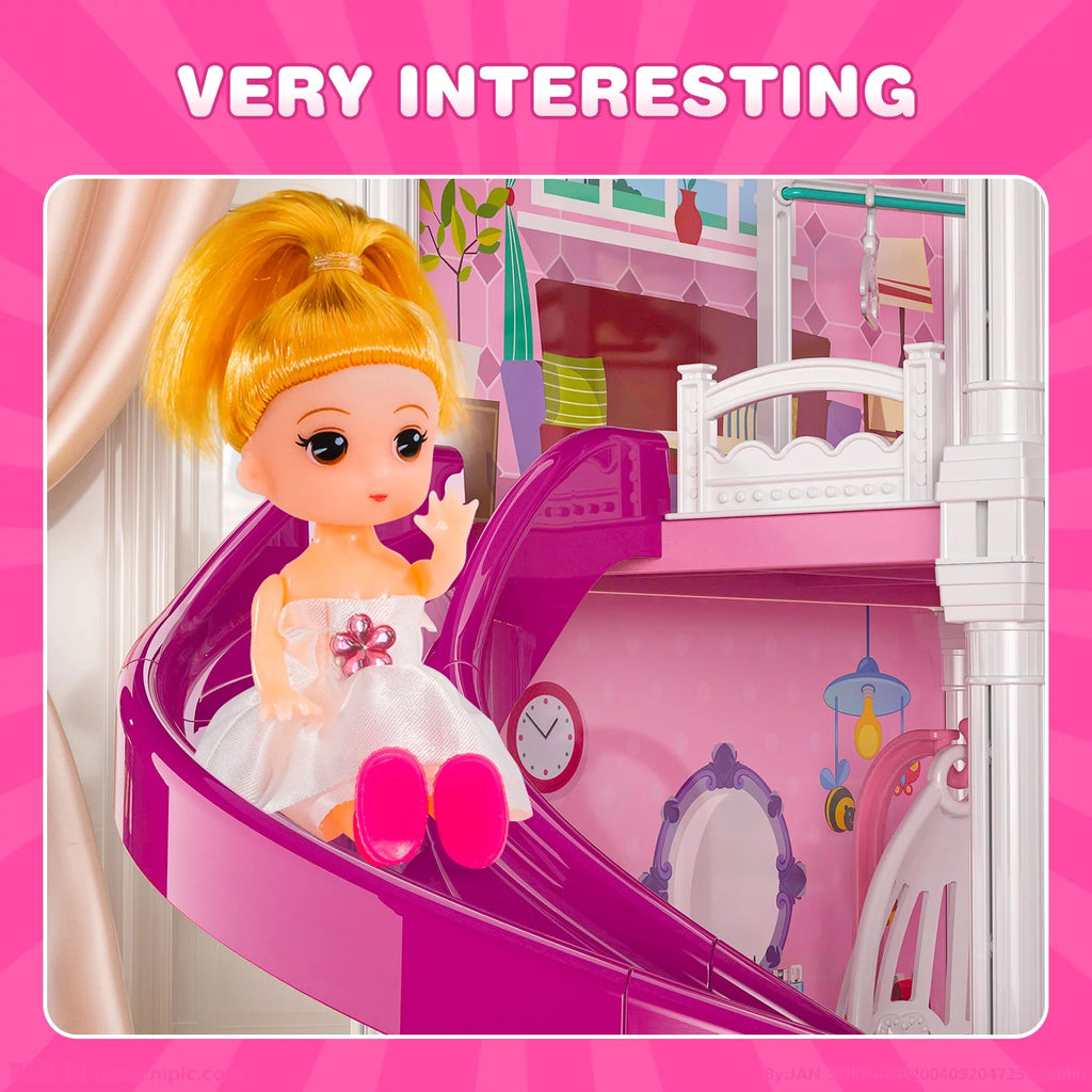 Beefunni 4-Story 12-Room Dollhouse with 2 Princesses and Slide Accessories X74843
