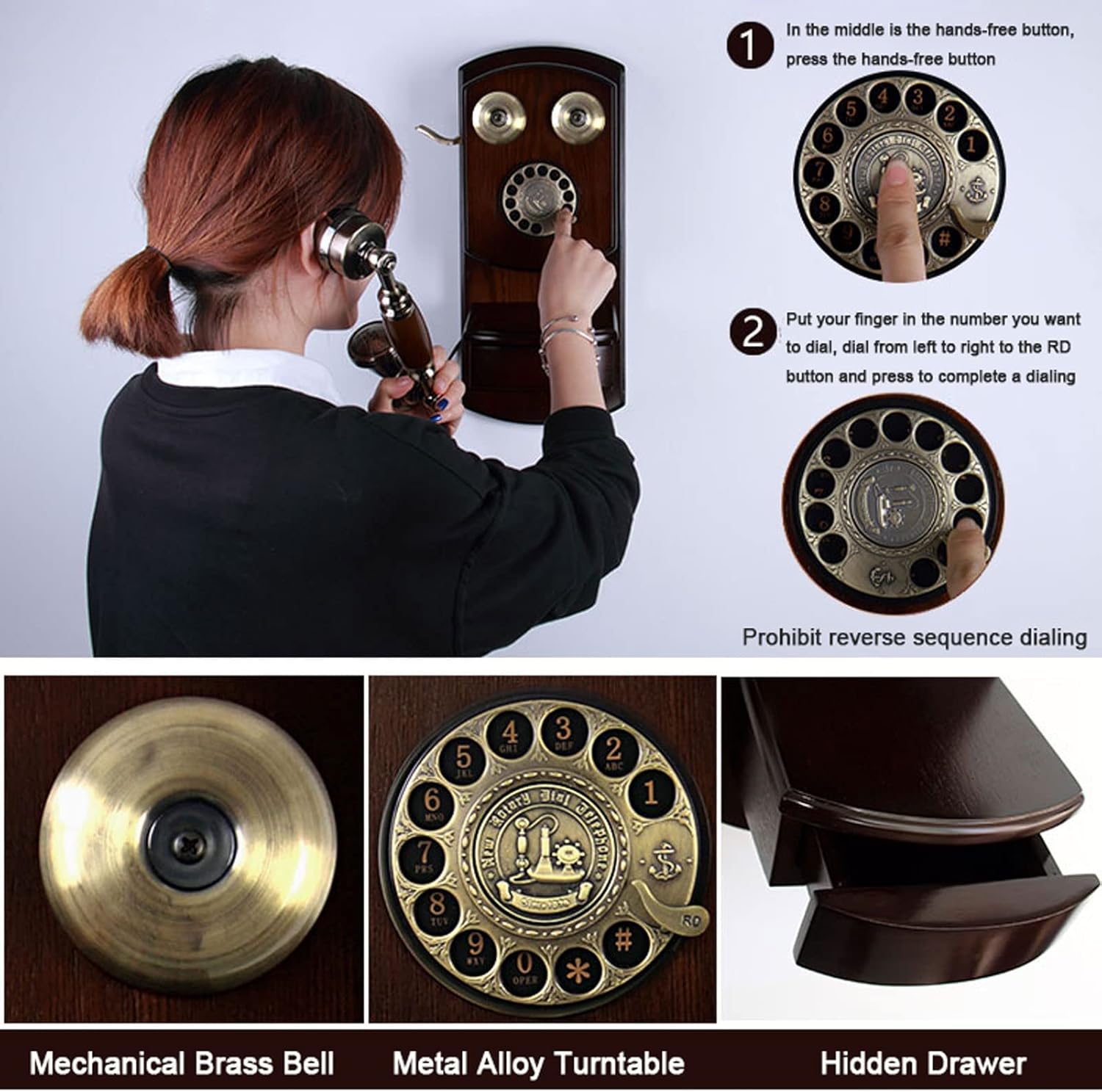 Retro Antique Corded Landline Rotary Dial Phone for Home Desk Decor J3384