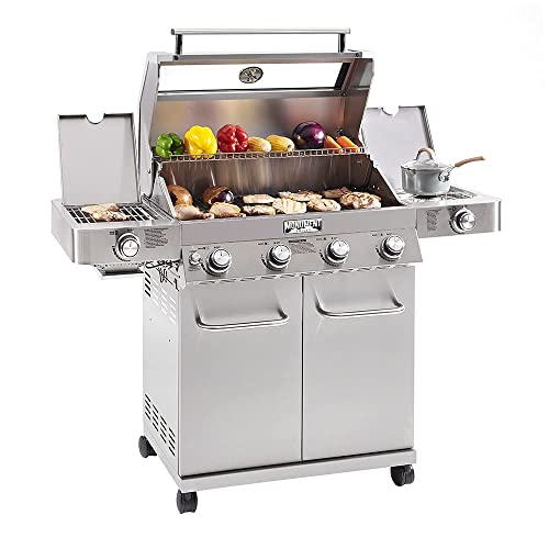 Monument Grills 4-Burner Propane Gas Grill, Stainless Steel Cabinet with Side Burner & Rotisserie Kit N74003