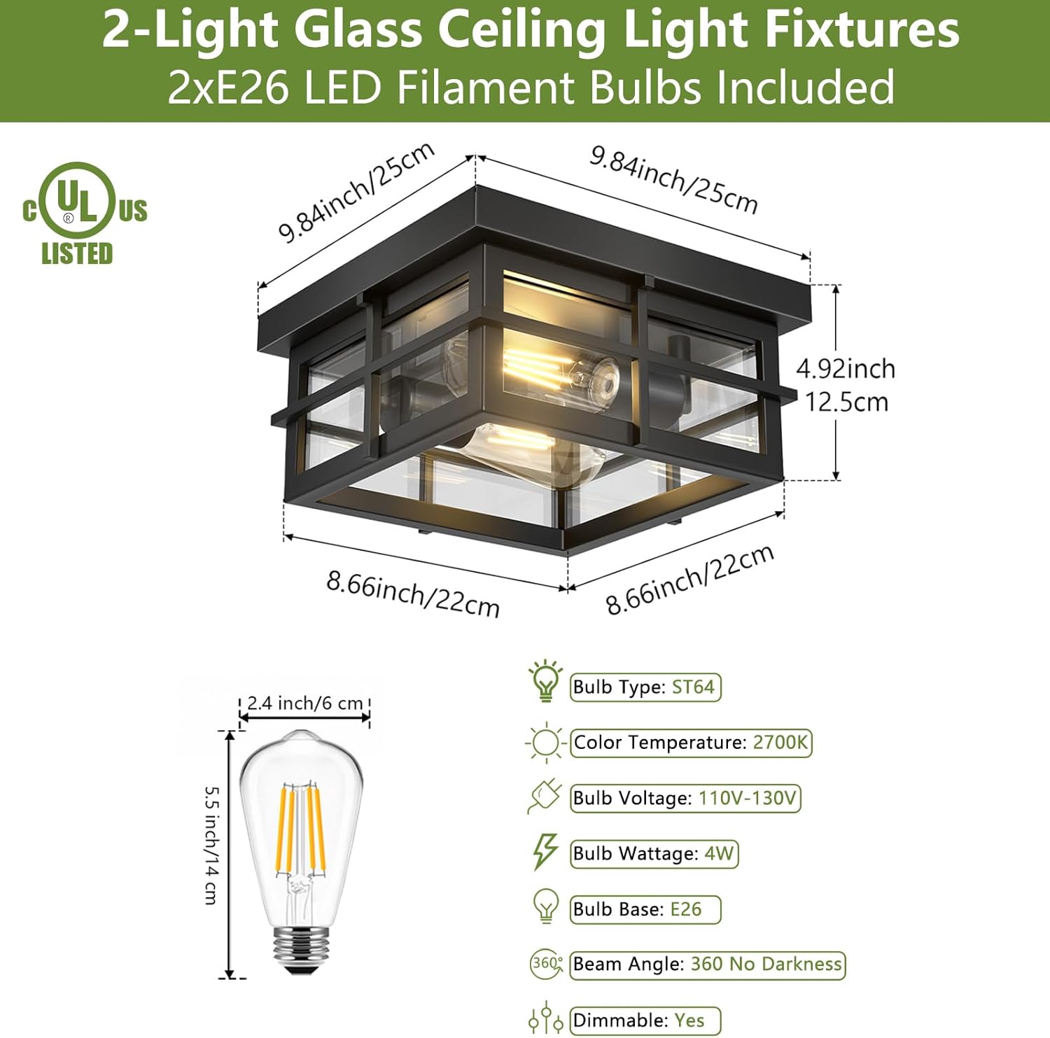 Modern Outdoor Ceiling Light 2-Light Black Flush Mount Clear Glass Shade a7