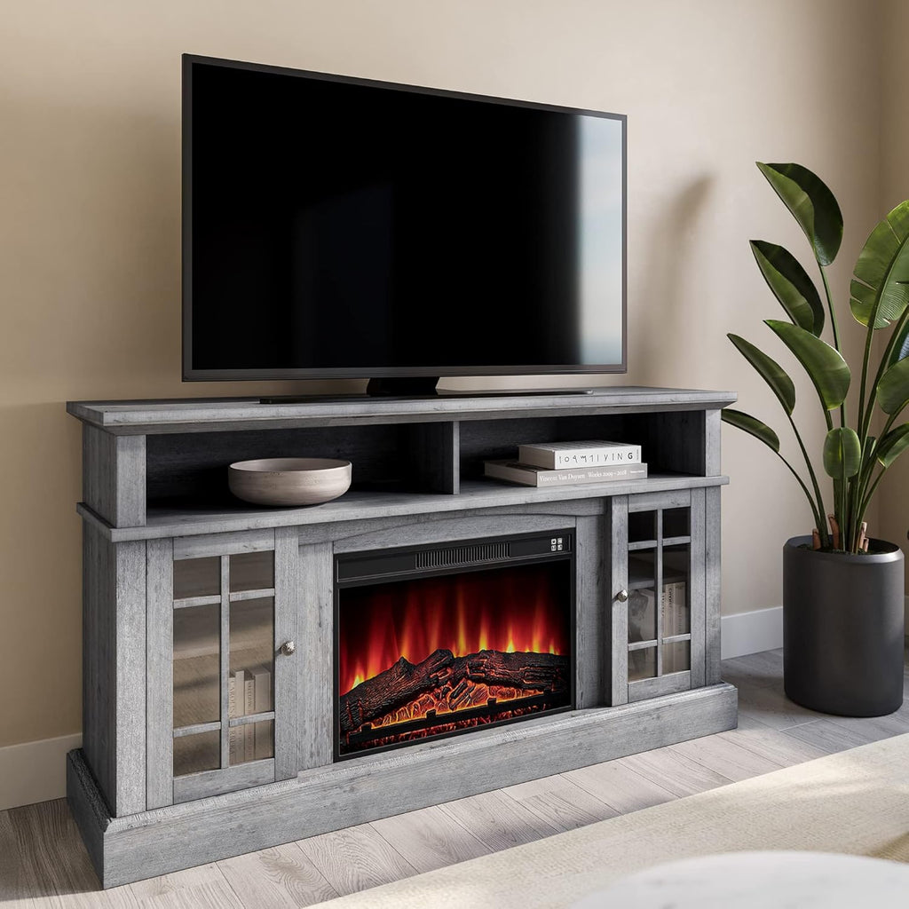Rustic Electric Fireplace TV Stand for TVs up to 65 Inches with Storage Shelves and Cabinets k7m