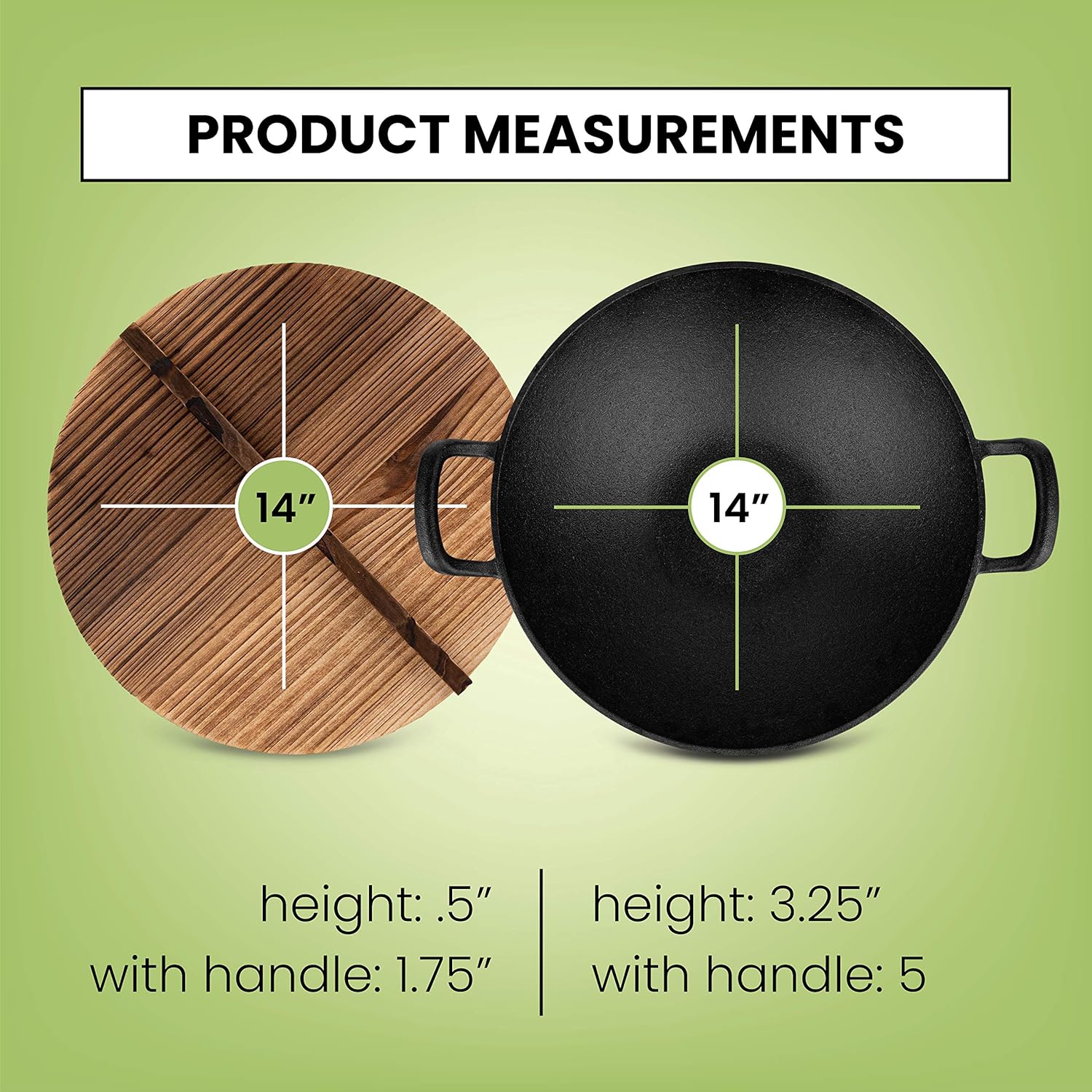 Homeries Pre-Seasoned Cast Iron Wok with Wooden Lid 14 Inch Nonstick Frying Pan U3408