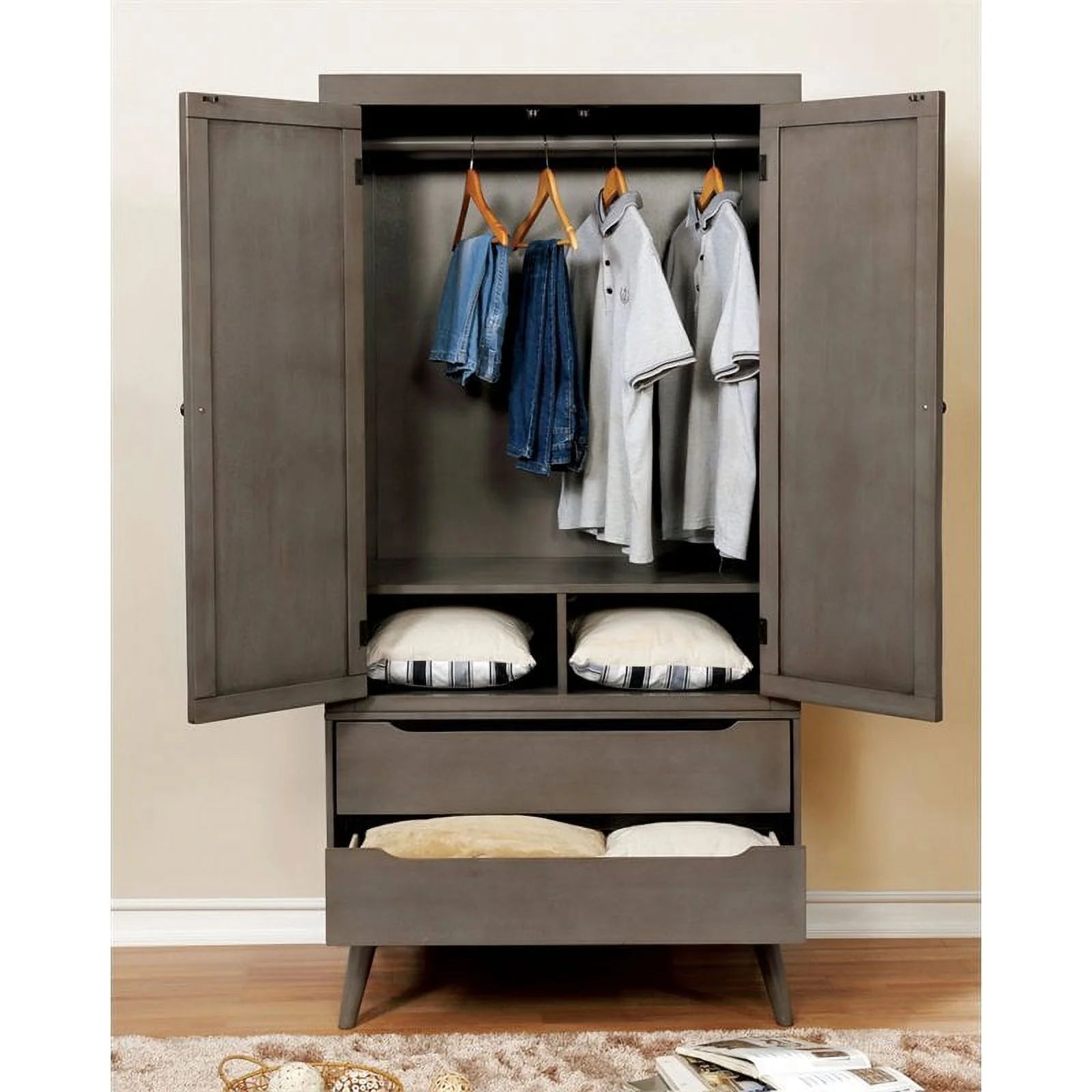 Furniture of America Belkor Mid-Century Modern Solid Wood Armoire Gray Q465