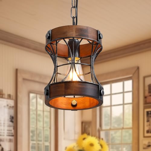 Rustic Farmhouse Chandelier, Wood Small Pendant Light Fixtures, Modern Chandeliers for Dining Room, Kitchen Island, Office, Bedroom, 1-Light Chandelier for All Ceilings D 7.5" x H 8.8"