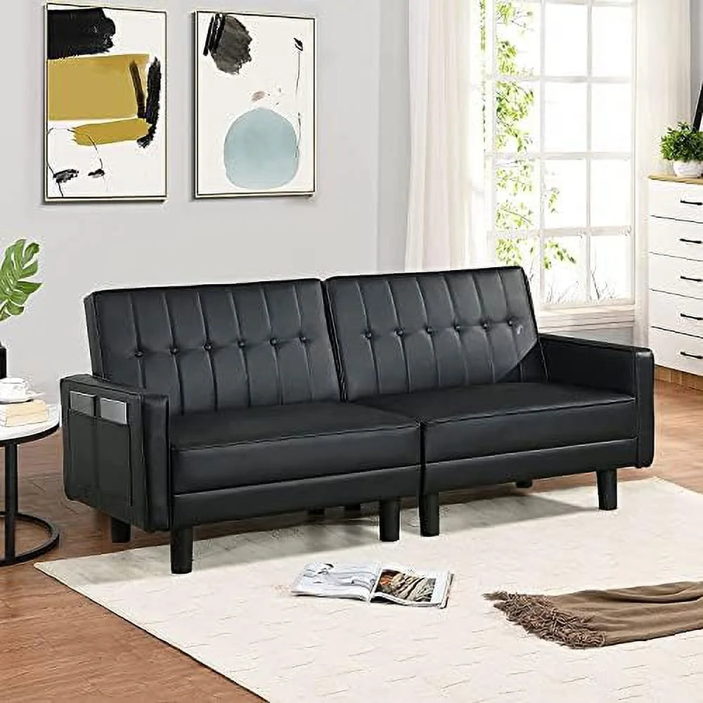 NLIBOOMLife Futon Sofa Bed Couch with Faux Leather and Side Pockets I712