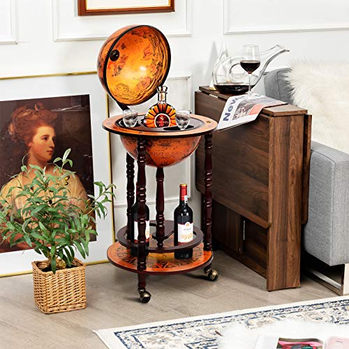 Byroce Globe Bar Cart Wood Wine Cabinet with Wheels Cream White Q393
