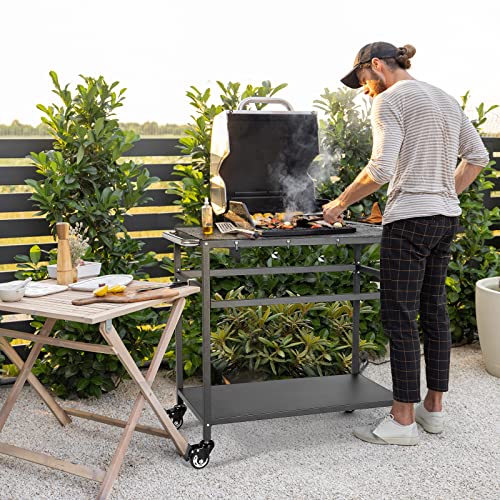 Outdoor Grill Table with Storage on Wheels, Double-Shelf BBQ Prep Cart G951277