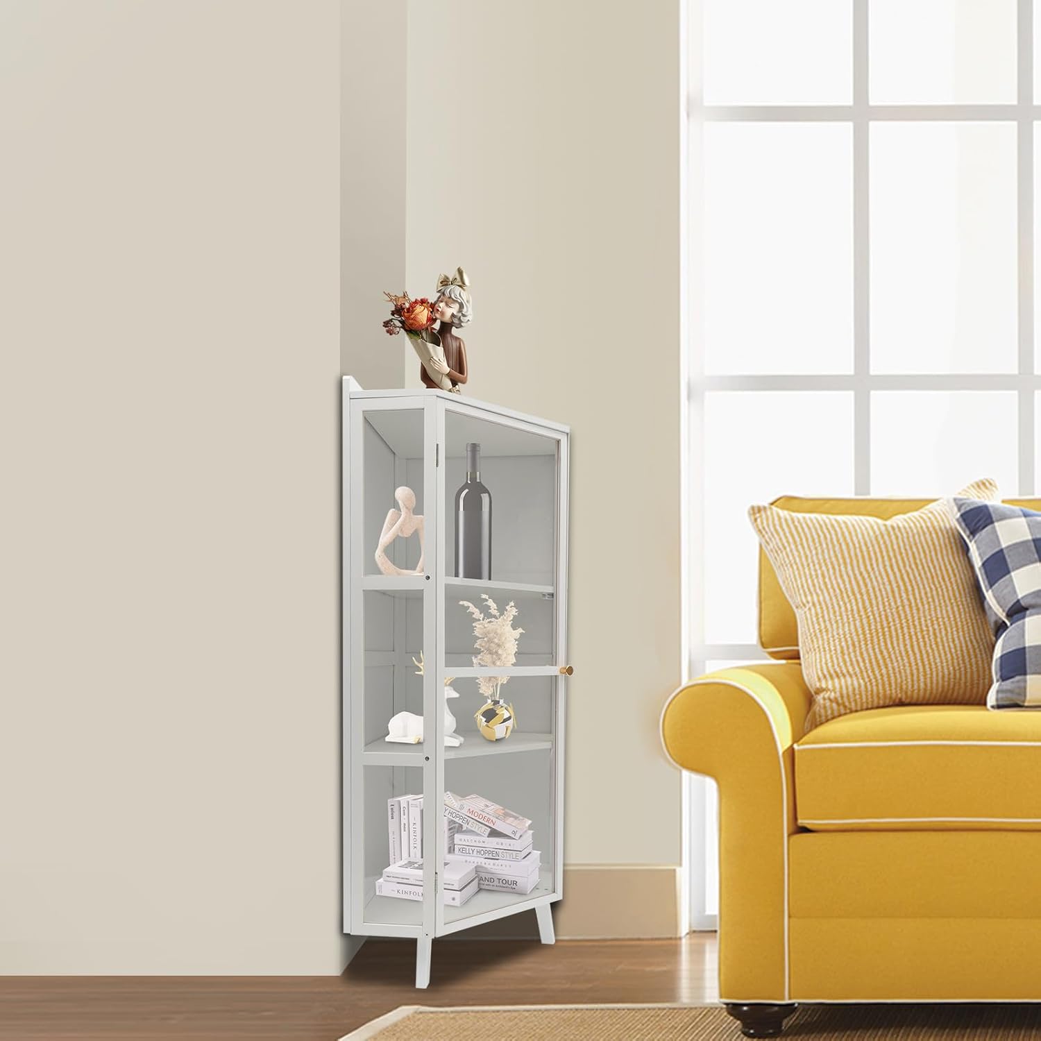 Tall Corner Storage Cabinet with Clear Door, 3-Tier Freestanding Shelves, White I118