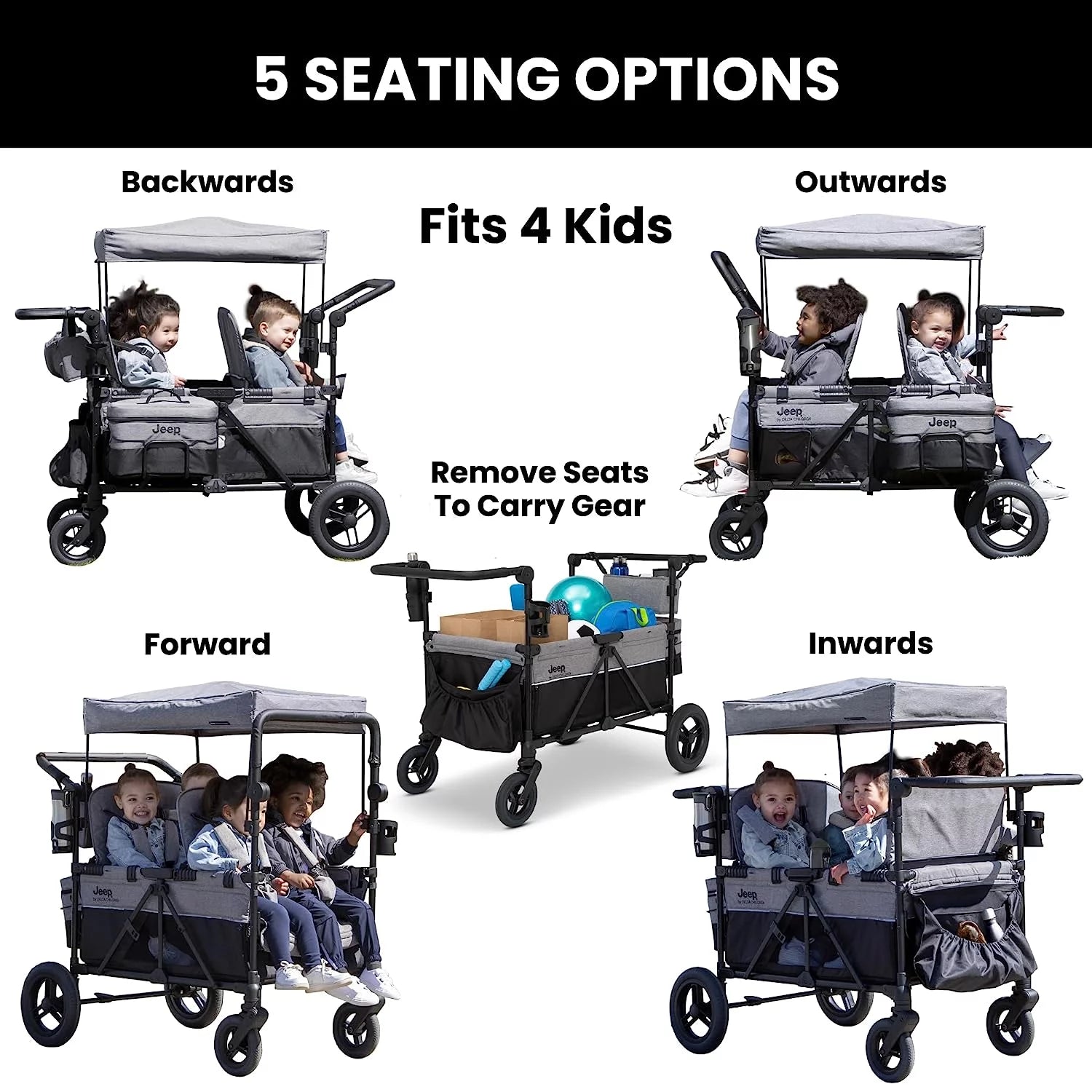 Jeep Wrangler Deluxe 4 Seater Stroller Wagon Grey a7