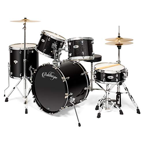 Ashthorpe 5-Piece Full Size Adult Drum Set with Remo Heads & Premium Brass Cymbals - Complete Professional Percussion Kit with Chrome Hardware - Red