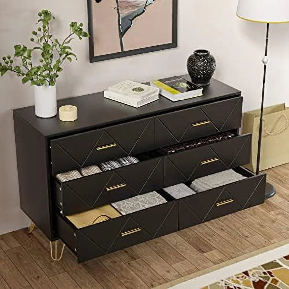 HOOMHIBIU 6 Drawer Dresser for Bedroom, Rustic Wood Chest, Black L41703