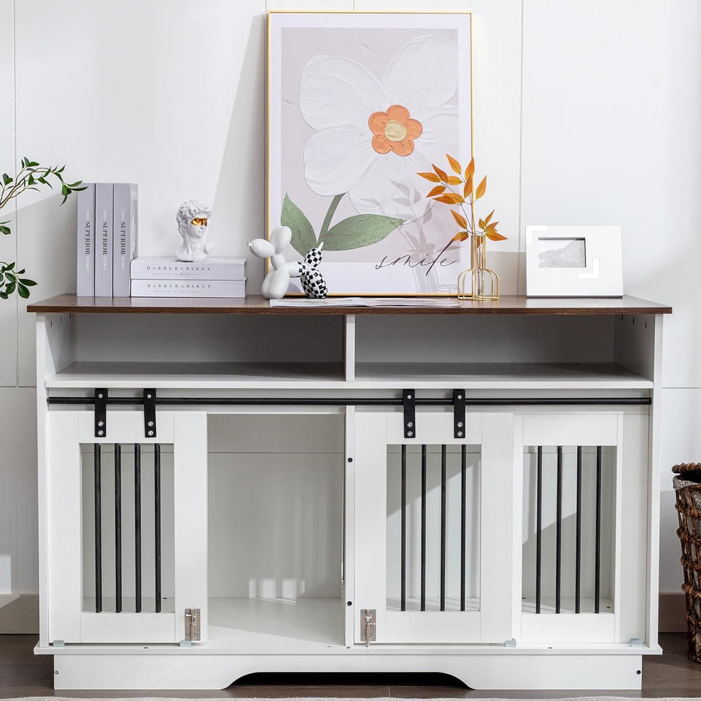 55" Double Dog Crate Furniture End Table with Drawers, Indoor Kennel for Small/Medium Dogs K155691