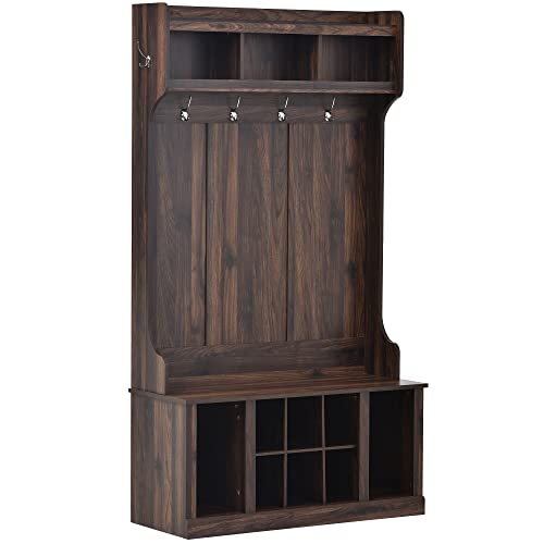 Hall Tree with Storage Bench, 6 Hooks, Entryway Coat Rack (Tiger) H6698