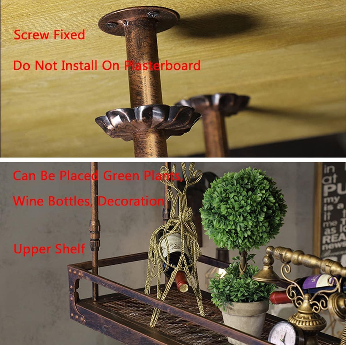 Hanging Wine Glass Rack, Industrial Vintage Metal Wall-Mounted, Bronze, 60x35cm Z974