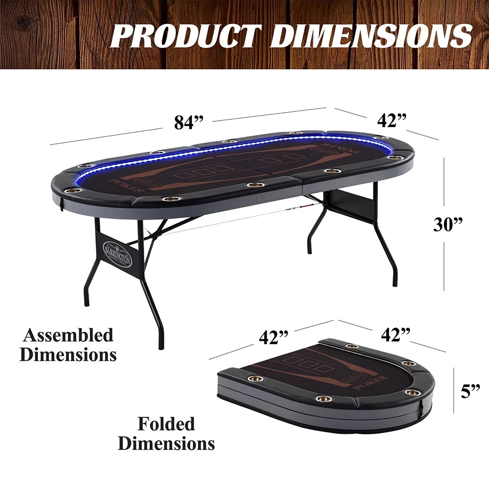 Barrington 10-Player Poker Table with LED Lights, Brown and Black C4523