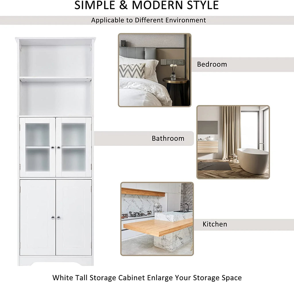 WANHUI White Storage Cabinet with Glass Doors and Adjustable Shelves D5774