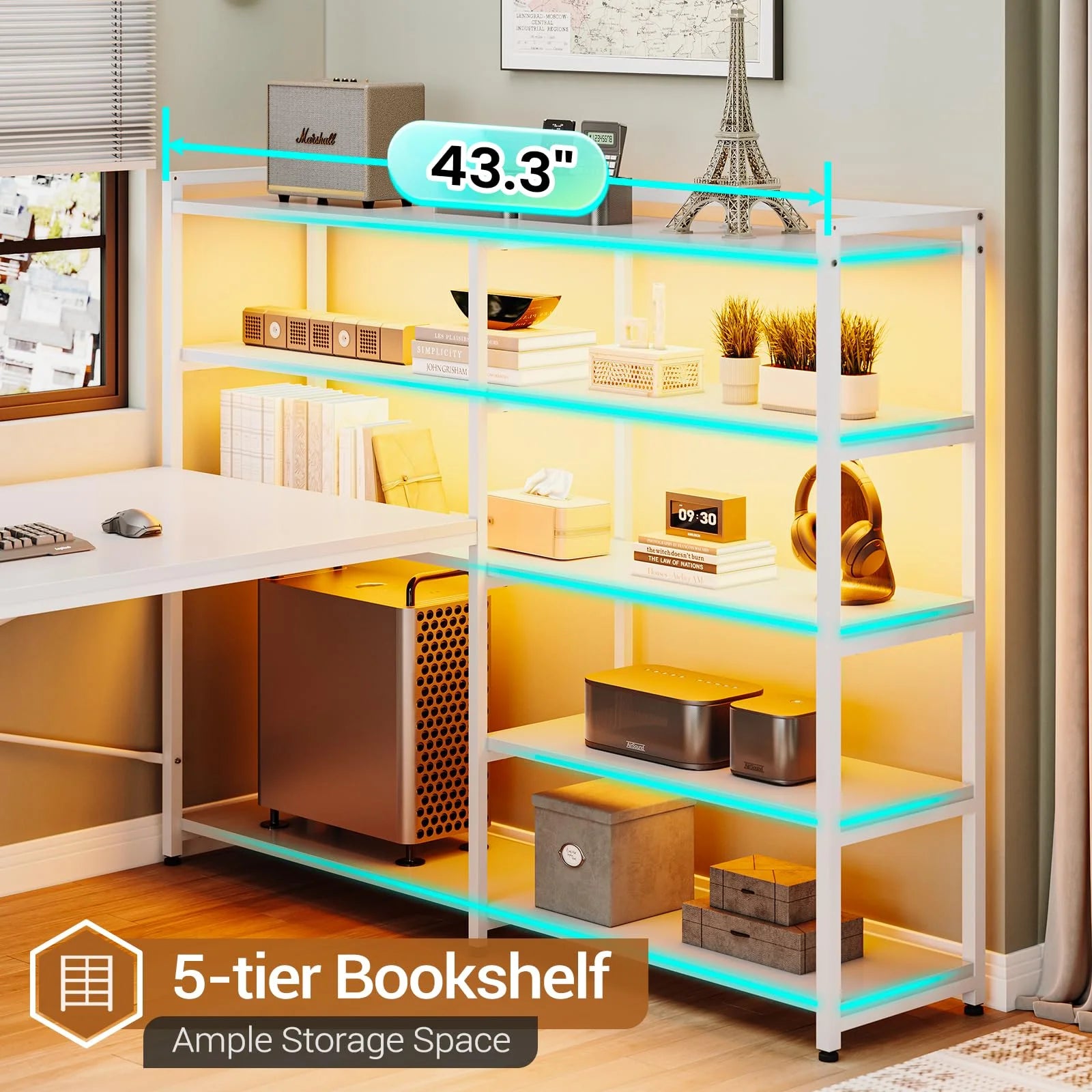 Afuhokles L Shaped Computer Desk with Power Outlet and Storage Shelves, White T9423