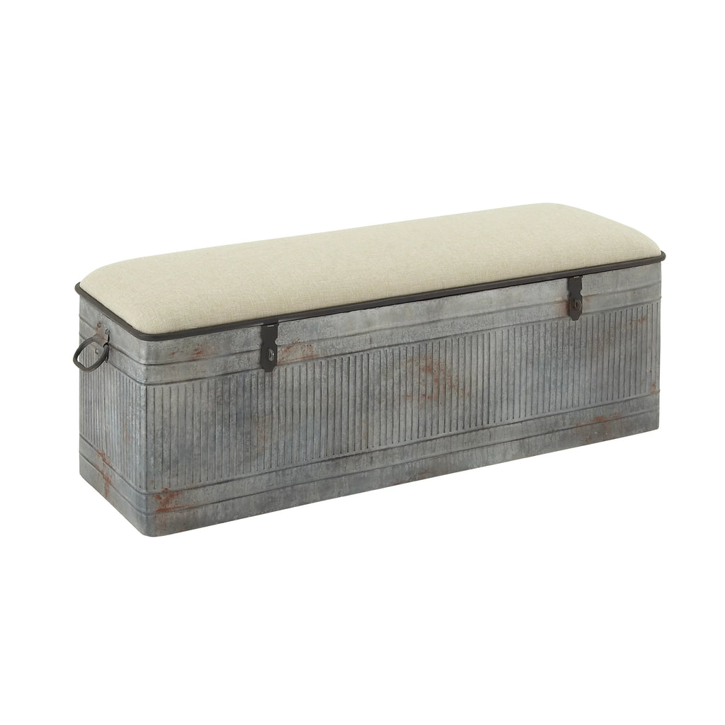 DecMode Metal Galvanized Storage Bench with Cream Burlap Top K1740