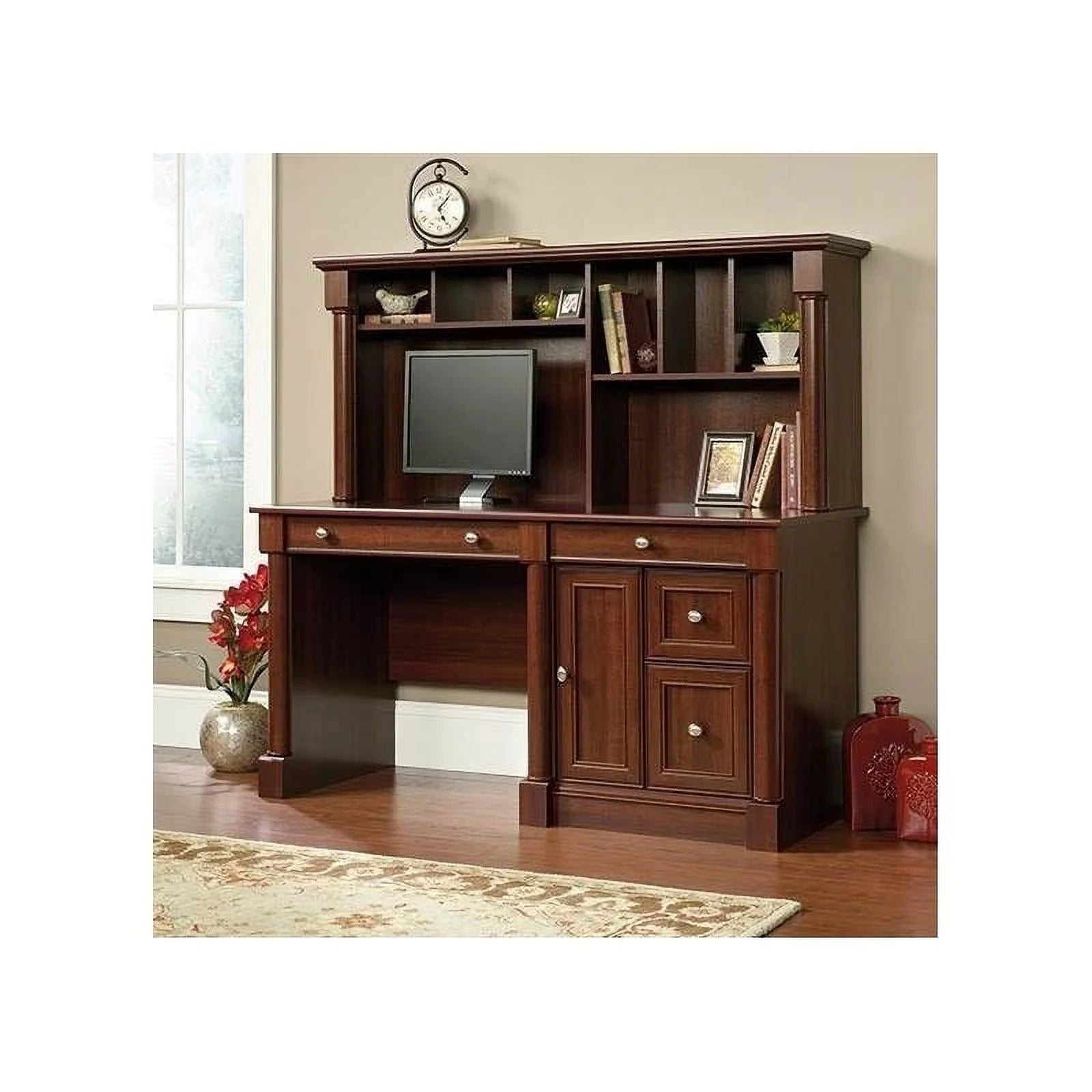 Kingfisher Lane Contemporary Wood Computer Desk with Hutch Cherry K666016