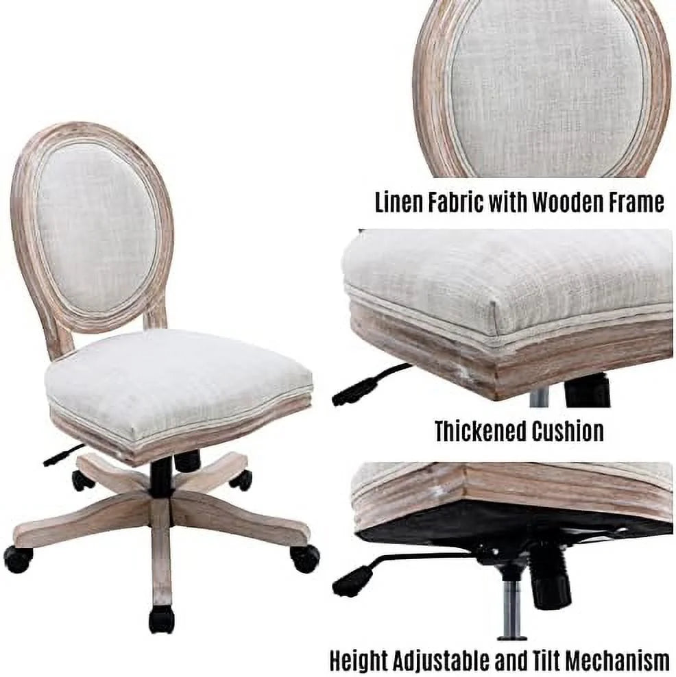 Rattan Back Linen Office Chair Adjustable Height Swivel Task Chair Beige P495325