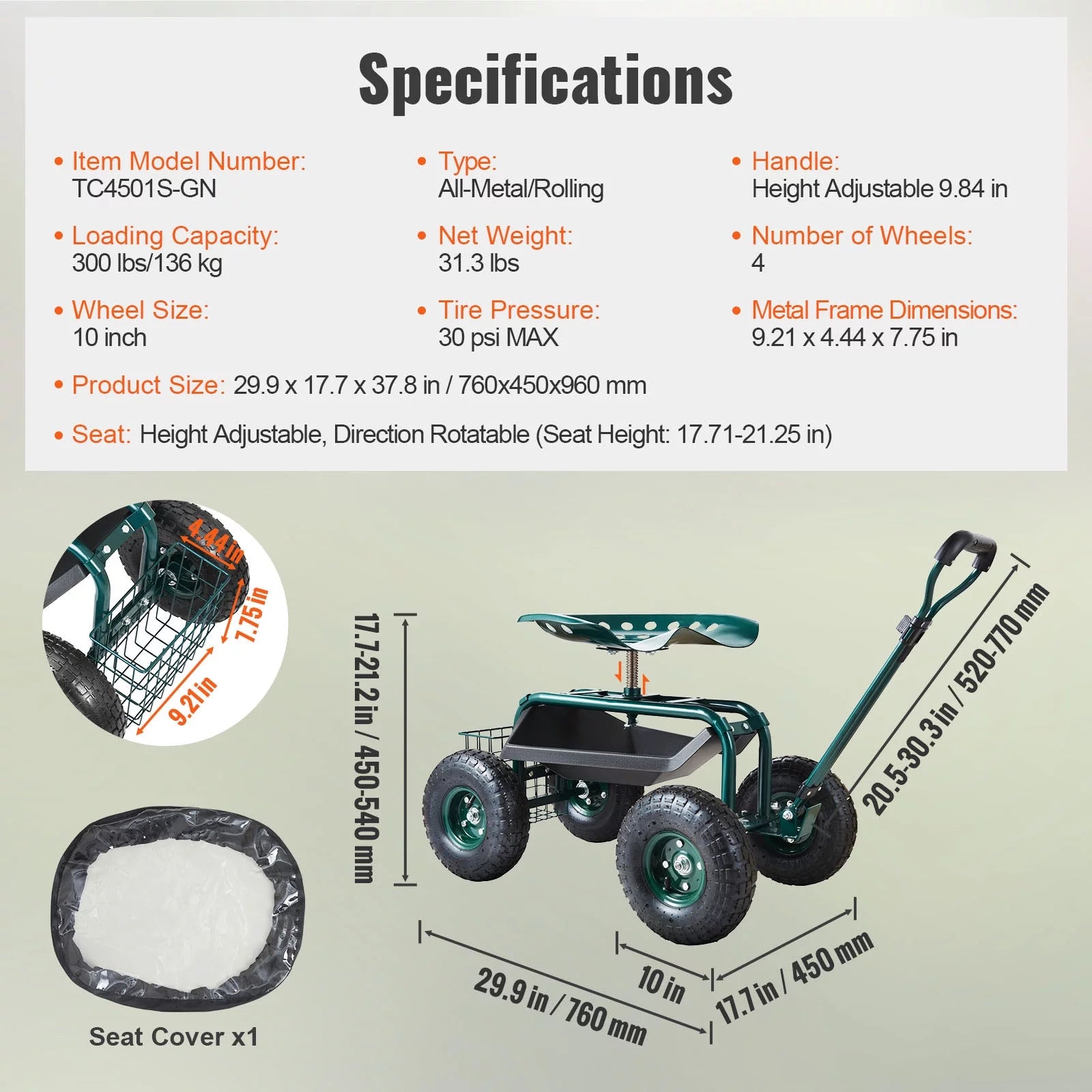 BENTISM Garden Cart Rolling Workseat with 360 Degree Swivel Seat and Utility Tool Tray Y549476