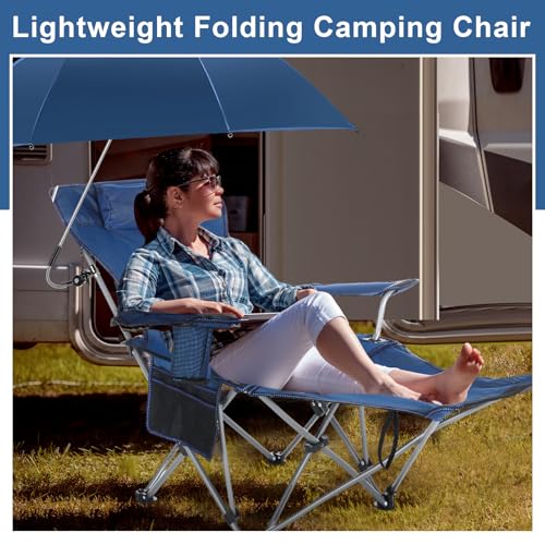 Beach Chair with Reclining Foot Rest and Adjustable Umbrella, Blue k7