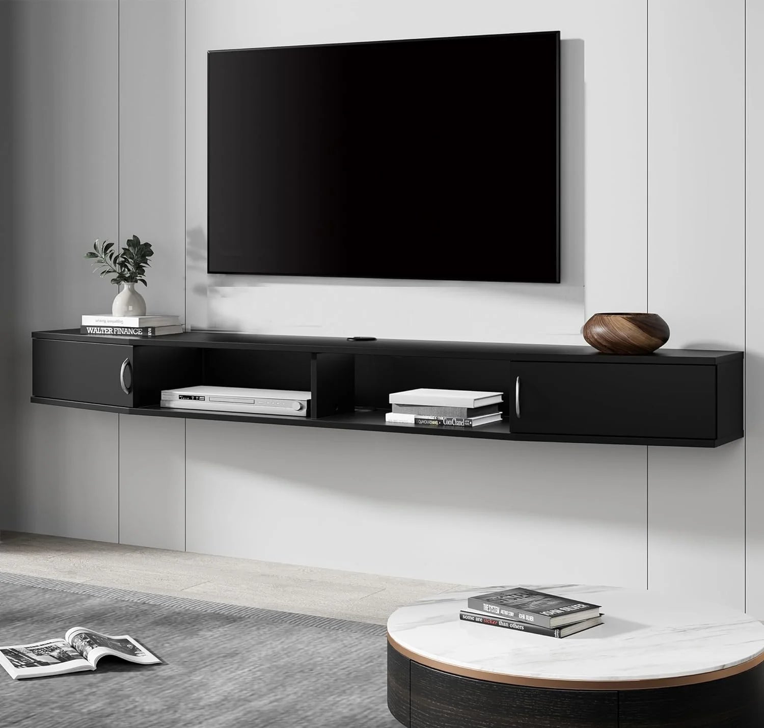 Floating TV Stand with Cabinet, Wall Mounted TV Shelf with Door Media Console Entertainment Center Under TV Floating Cabinet Desk Storage Hutch for Home and Office,70''