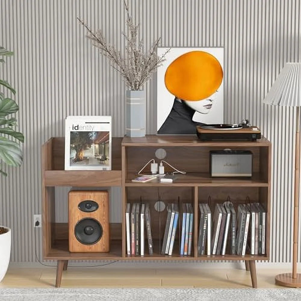 TJBOLIFE Mid-Century Record Player Stand with Vinyl Cabinet and Power Outlet H348