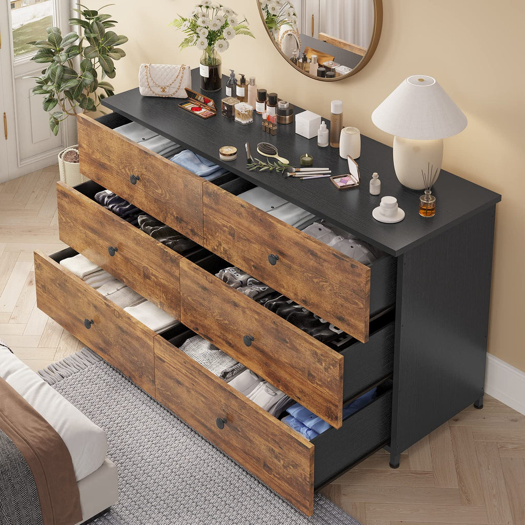 6 Drawer Double Dresser with Steel Frame, Wooden Storage Cabinet for Bedroom V120