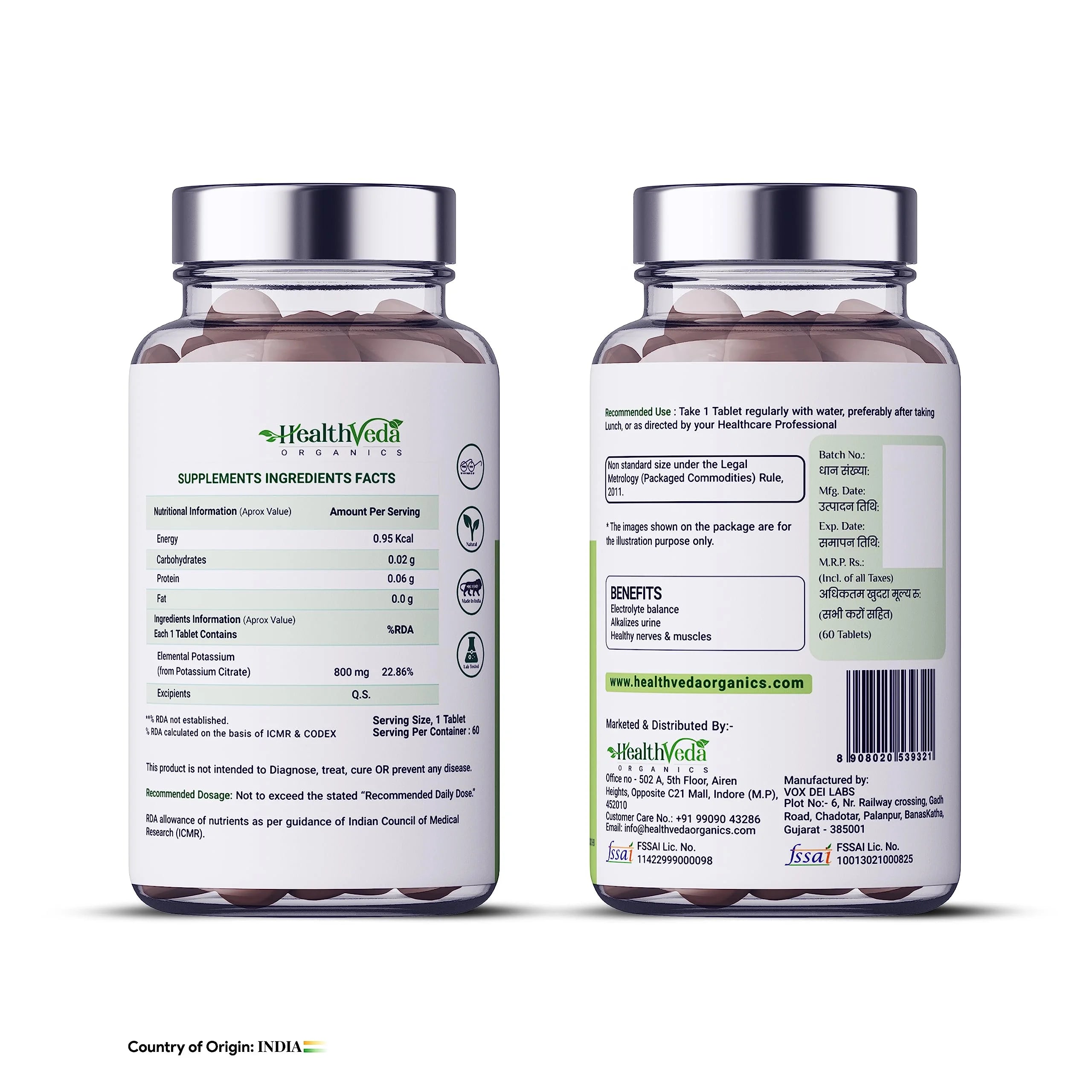 Health Veda Organics Potassium Citrate 800mg, 60 Veg Tablets I51287
