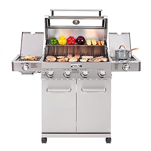 Monument Grills 4-Burner Propane Gas Grill, Stainless Steel Cabinet with Side Burner & Rotisserie Kit N74003
