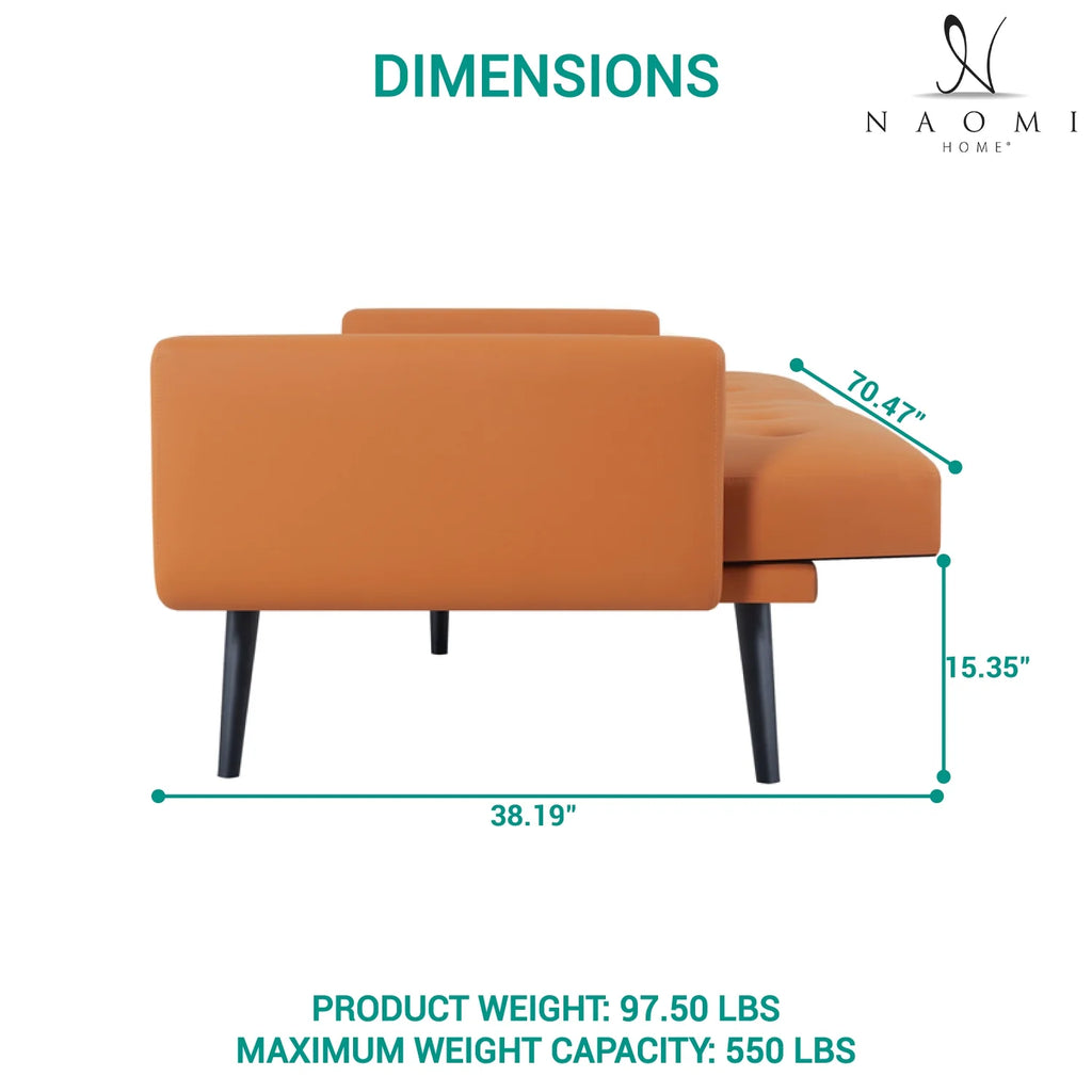 Naomi Home Monica Mid Century Futon Sofa Bed Caramel Air Leather C853