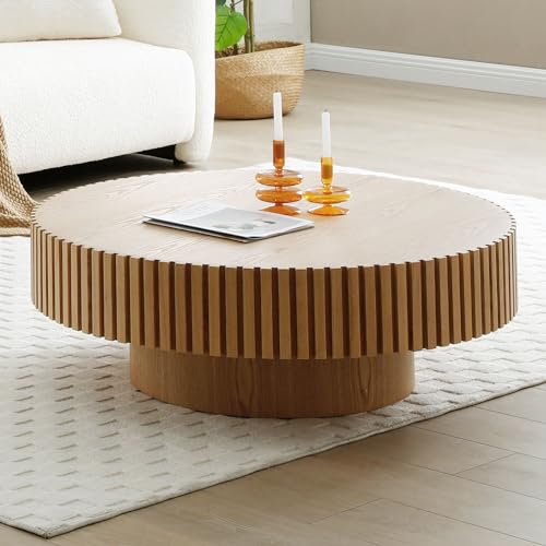 Walnut Wood Round Drum Coffee Table with Vertical Texture Z1778