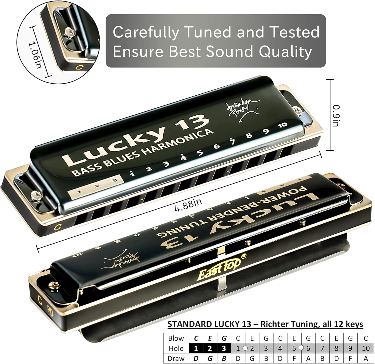 East top Lucky 13 Bass Plus Blues Harmonica 13 Holes Diatonic C Key A4010