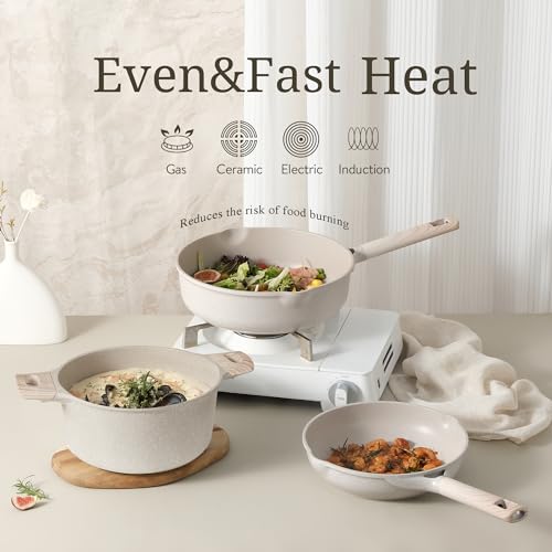 CAROTE 17pcs Non Stick Pots and Pans Set, Induction Cookware, Cream White Y4004