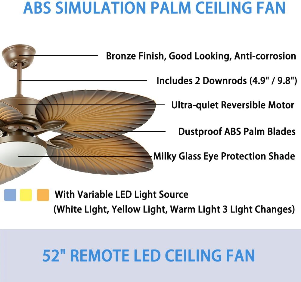 Tropical Palm Ceiling Fan with LED Light, Bronze Finish a7