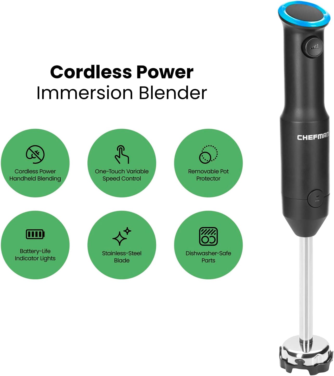 Chefman Cordless Portable Immersion Blender, One-Touch Speed Control, Black U74405