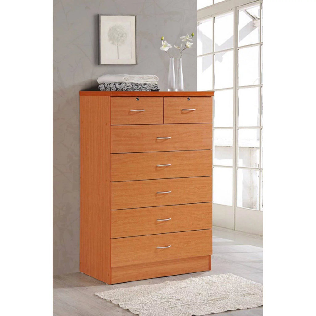 Hodedah 7 Drawer Wooden Dresser Chest with 2 Top Locks, Cherry K8270