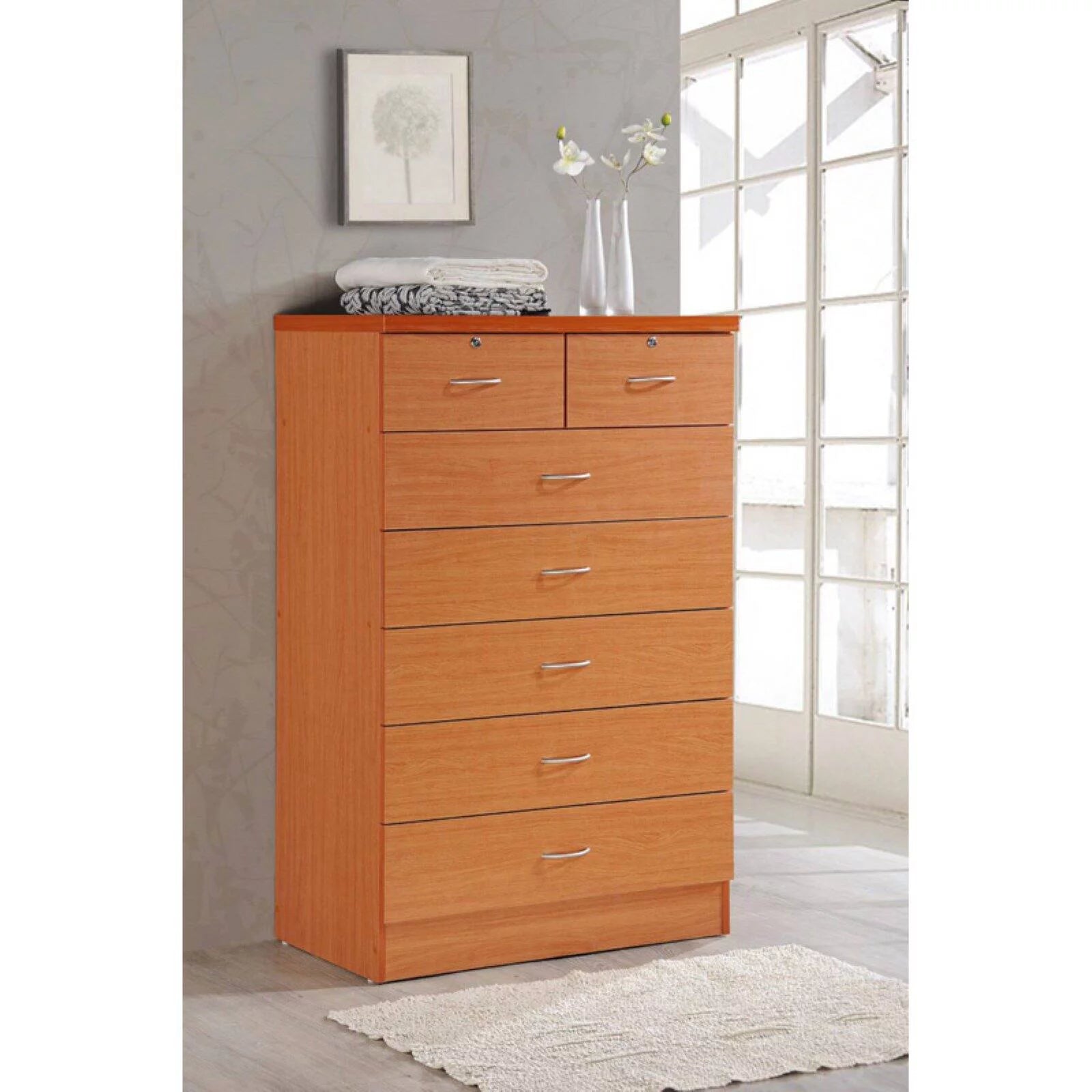 Hodedah 7 Drawer Wooden Dresser Chest with 2 Top Locks, Cherry K8270