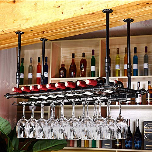 Wall Mounted Wine Rack with Wine Glass Holder, Rustic Metal Shelf F449