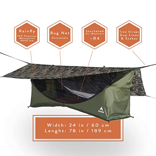 Haven Tents Lay Flat Hammock Tent with Mosquito Net, Insulated Pad and Rainfly M380